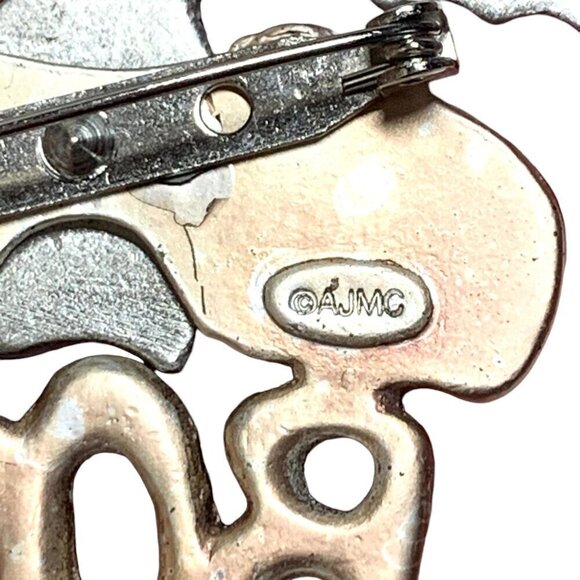 Vintage Halloween Cat Brooch With Jack O' Lanterns & Bat Silver Orange Black  2" - Picture 4 of 5